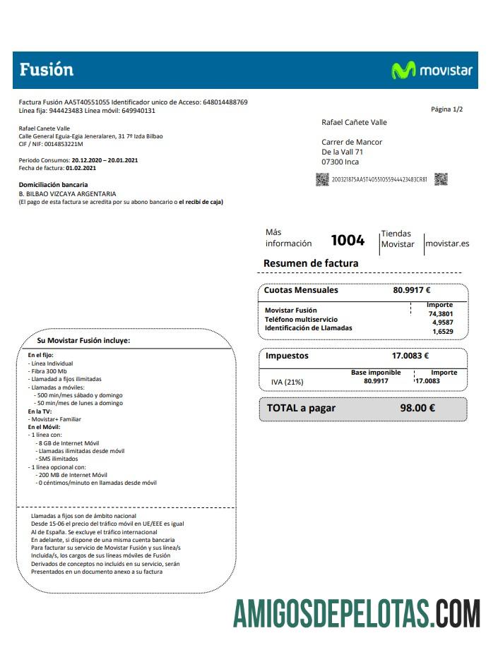 Documento de fatura de serviços públicos da operadora Movistar Fusion Telecom da Espanha em formato Word e PDF exemplo real